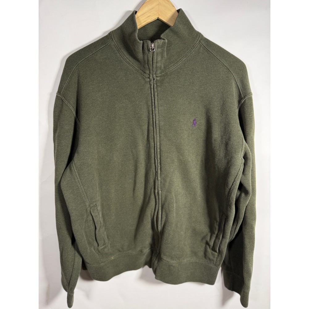 Polo Ralph Lauren Mens Full Zip Sweater Olive Green Purple Pony Size M